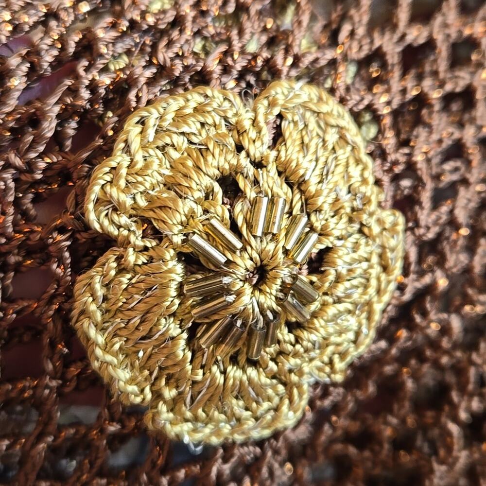 Chocolate brown knit sweater w crochet sleeves lightly beaded large - Picture 3 of 4